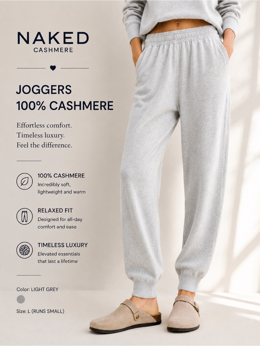 NakedCashmere Light Gray Joggers 100% Cashmere